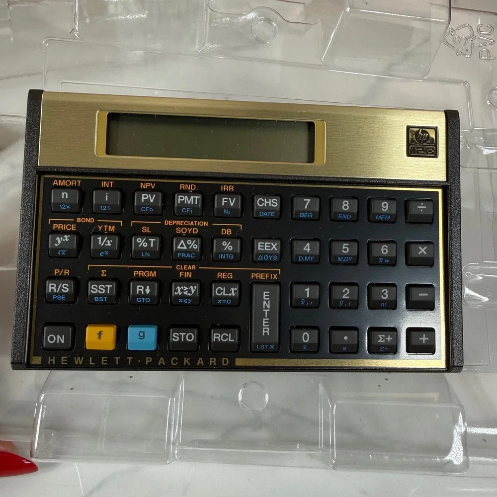 Vintage 1995 HP 12C RPN Financial Calculator with Box and Manuals Gold Black